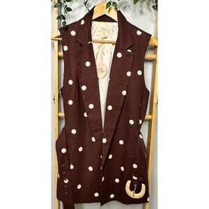 Camila Coelho Brown Polka Dot Sleeveless Blazer Vest with Straw Buckle Belt M